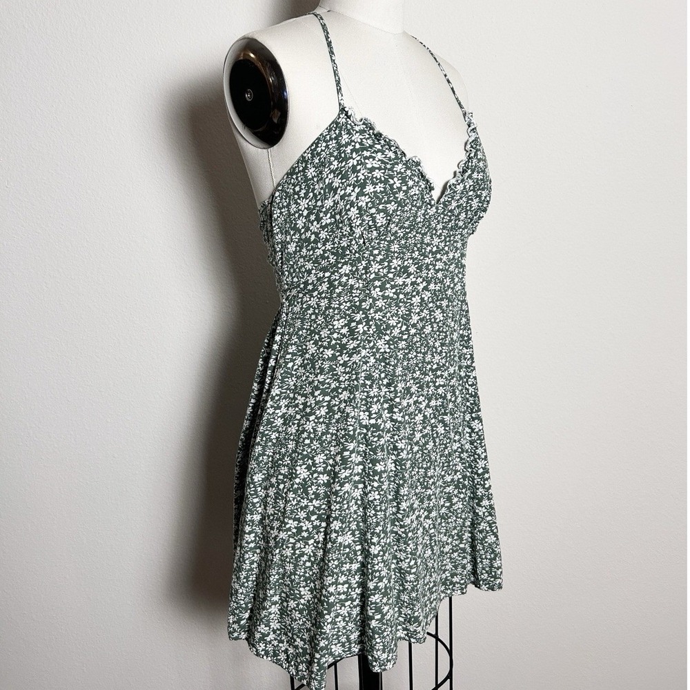 Green White Rayon Floral Ruffle V-Neck Cutout Back Mini Sun Dress Women Small